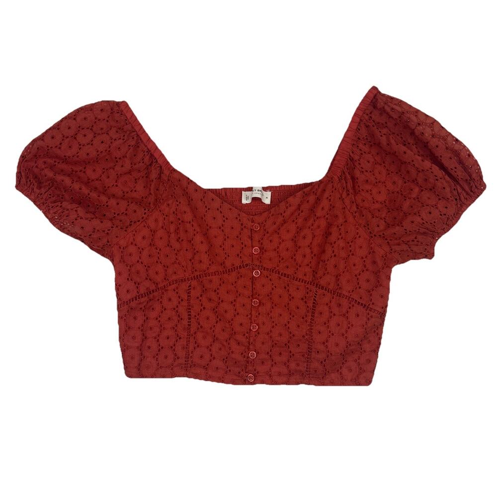 Lucky Brand Womens Lace Sweetheart Crop Top Size M Tandori Spice Puff Sleeve NWT